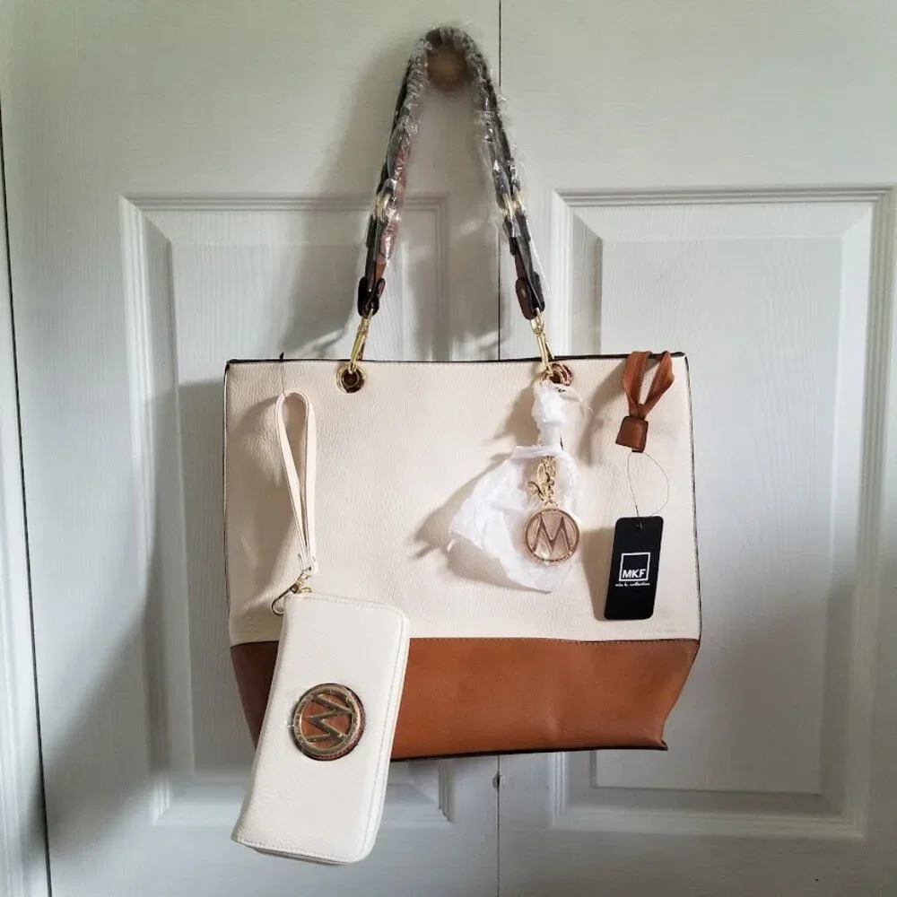 MKF Collection Purse Tote & Clutch Cream Tan Gold Vegan Leather Hobo Bag